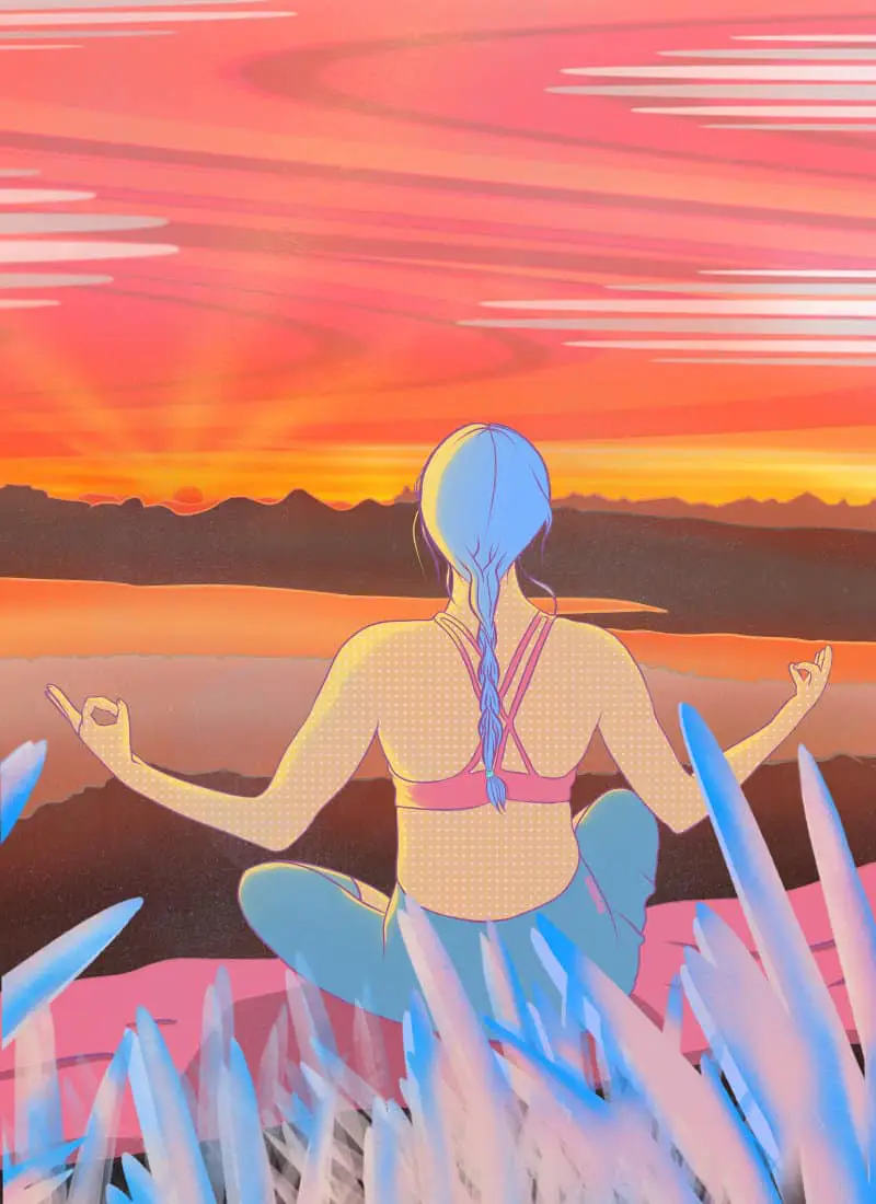 Portfolio page lifestyle and travel digital illustration named Serenity illustrted with a woman meditating at sunrise