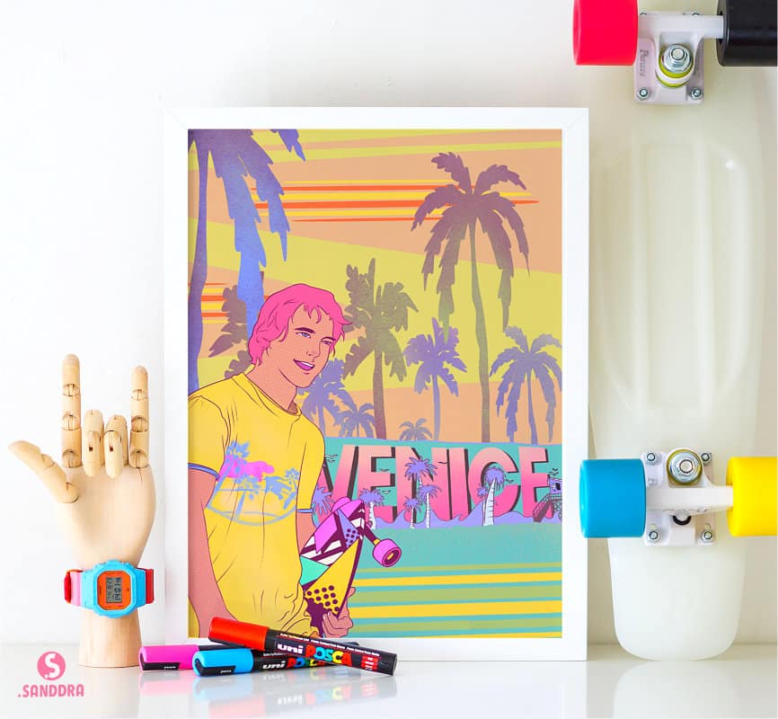 home page pop art poster illustration of a skater in Venice Beach