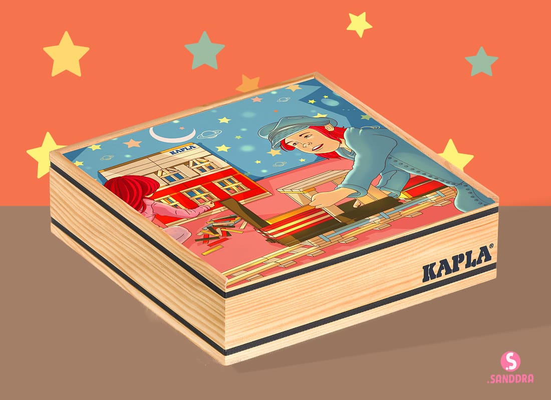 kapla packaging box illustrated with kids playing in their room