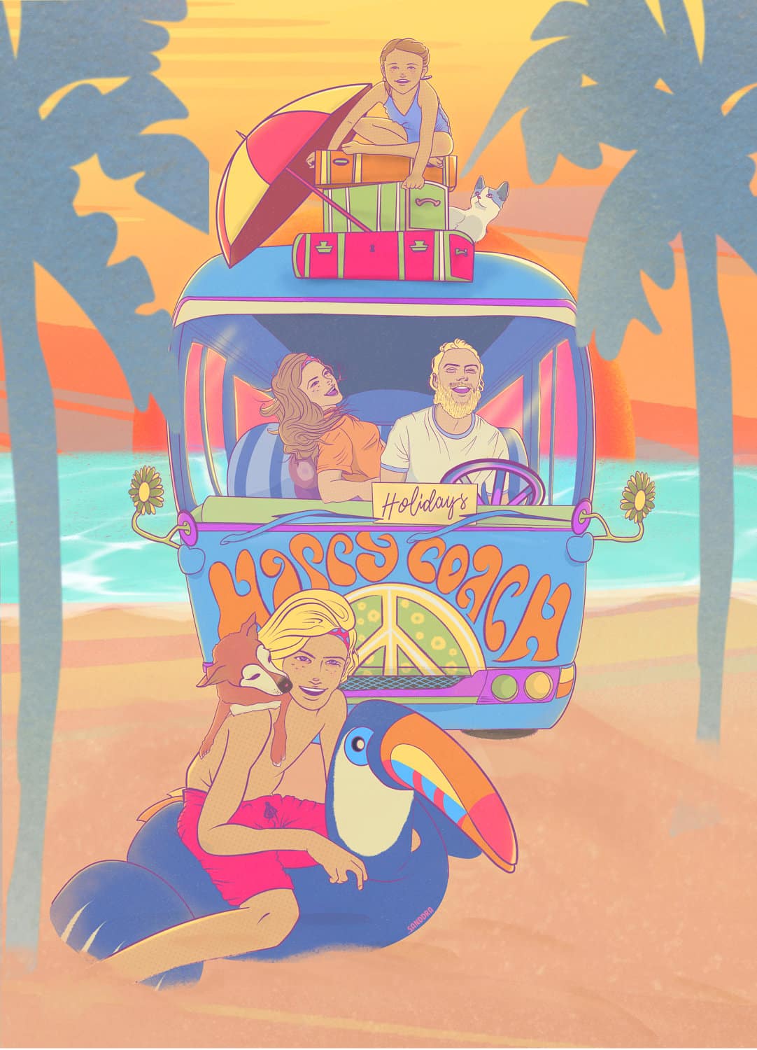The Trip Portfolio page lifestyle and travel digital illustration of a family with pets in holidays in their van at the beach