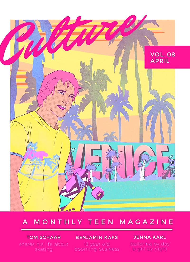 Culture magazine cover illustration with the portrait of a skater in Venice Beach California