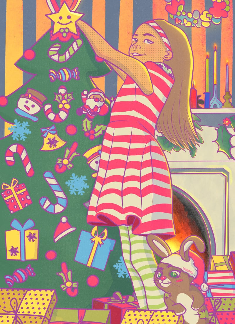 Christmas illustration of a kid surrounded by gifts putting the christmas star on the Christmas tree