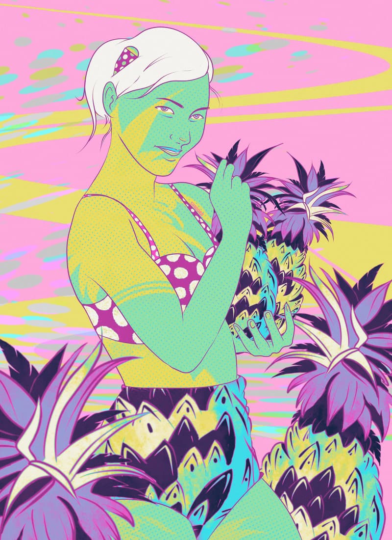 Porfolio page Fashion and Beauty illustration of a woman wearing a bikini with fruits motifs