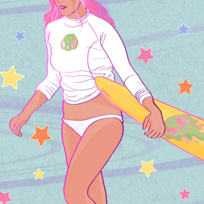 Pink hair surfer girl illustration