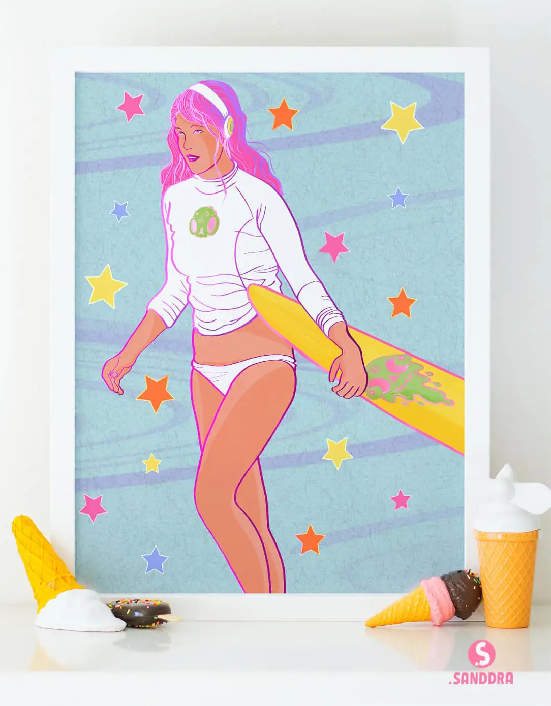 Home page pop art style digital illustration poster of colorful pink hair surfer woman