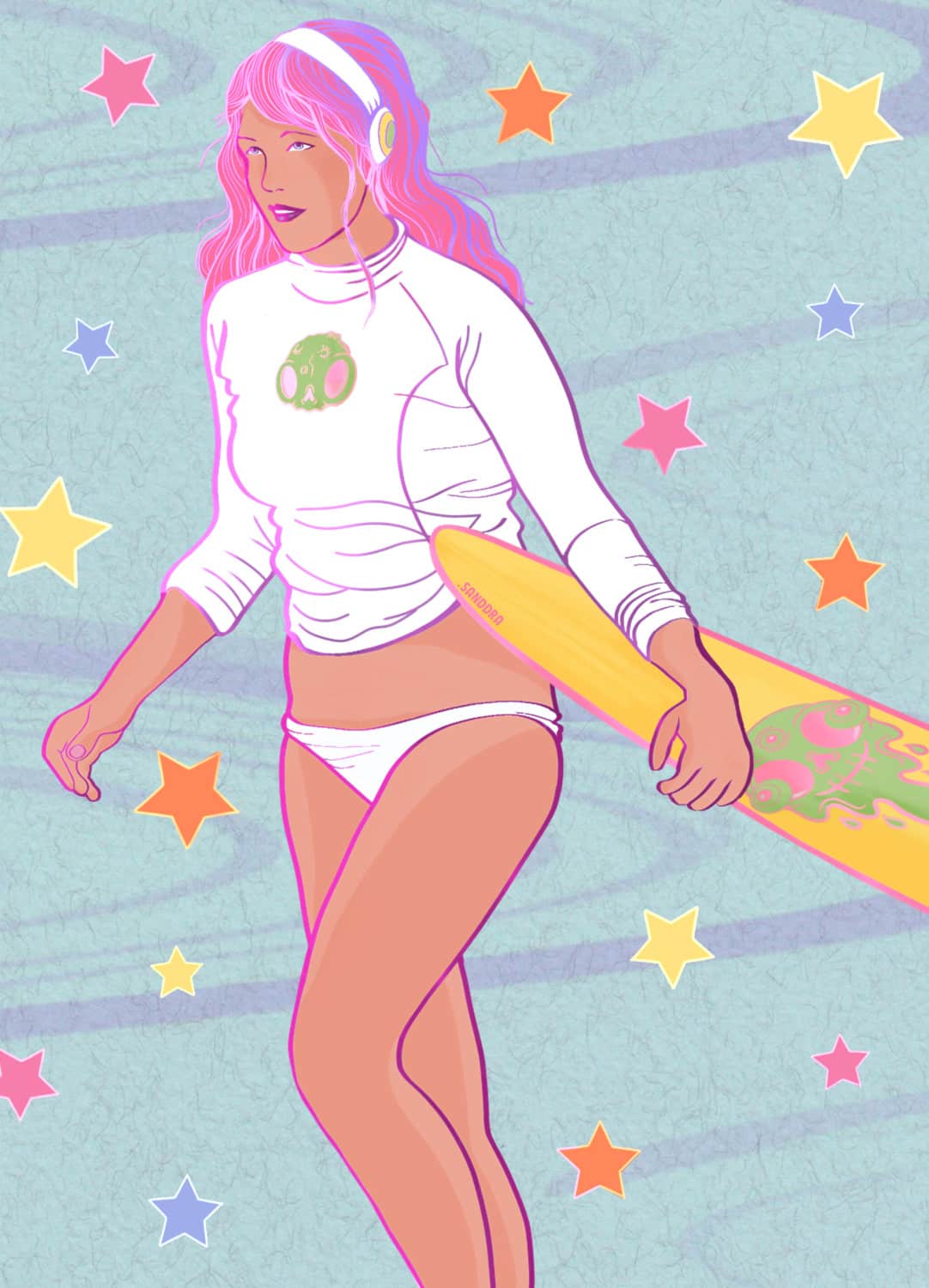 Pink hair surfer girl illustration