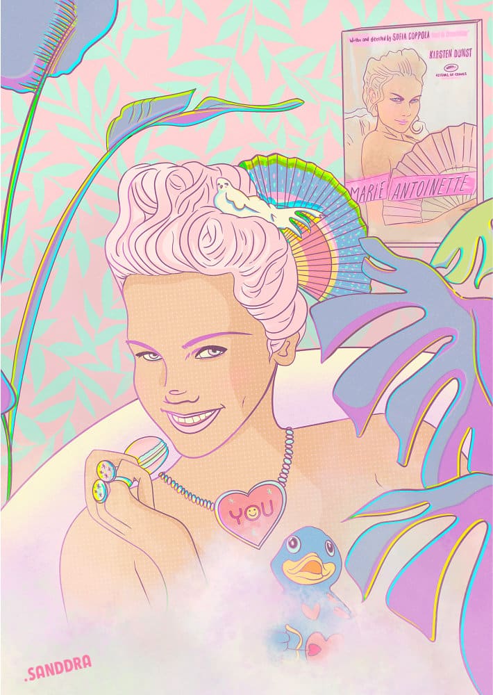 Marie-Antoinette fashion illustration of a colorful pink hair woman eating a macaron in her bath